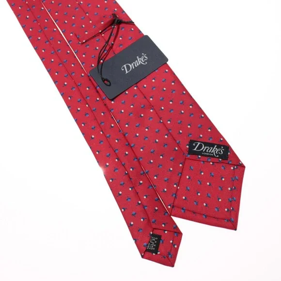 Drake's NWT Neck Tie in Red with Blue / White Mini Floral Pattern 100% Silk